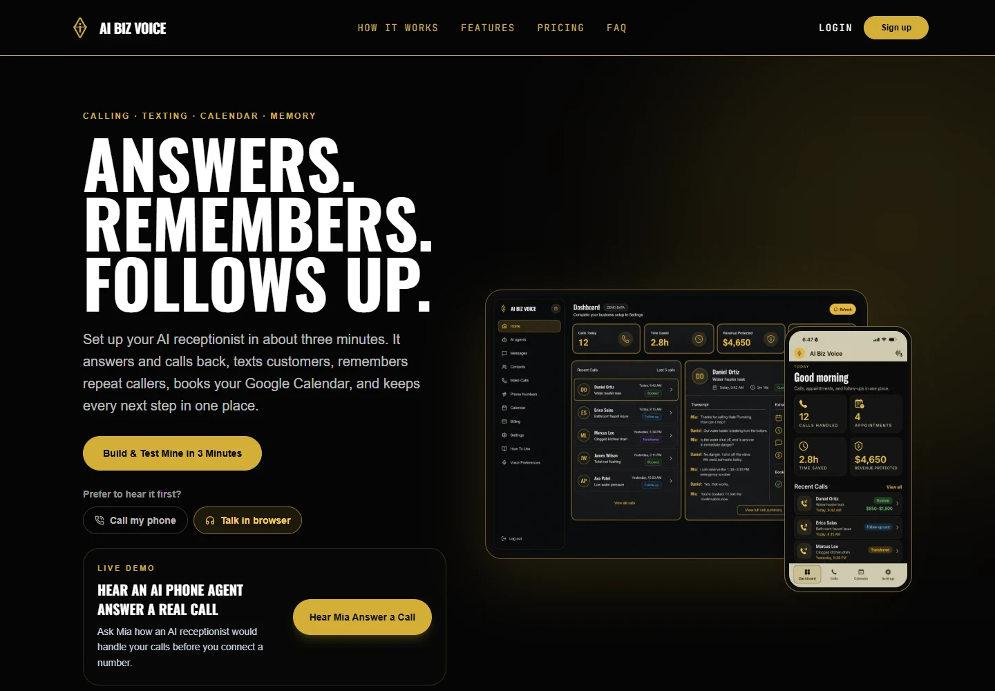 Live AI Biz Voice website with desktop and mobile product dashboards