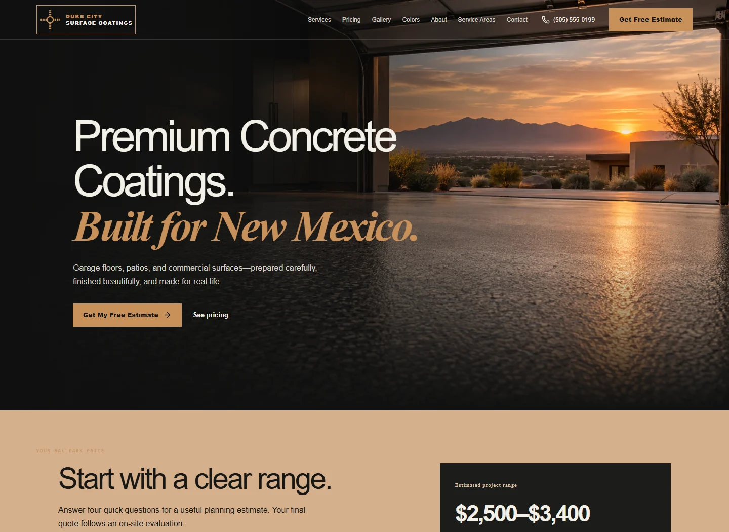 Duke City Surface Coatings website with a premium concrete-coatings offer and estimate action