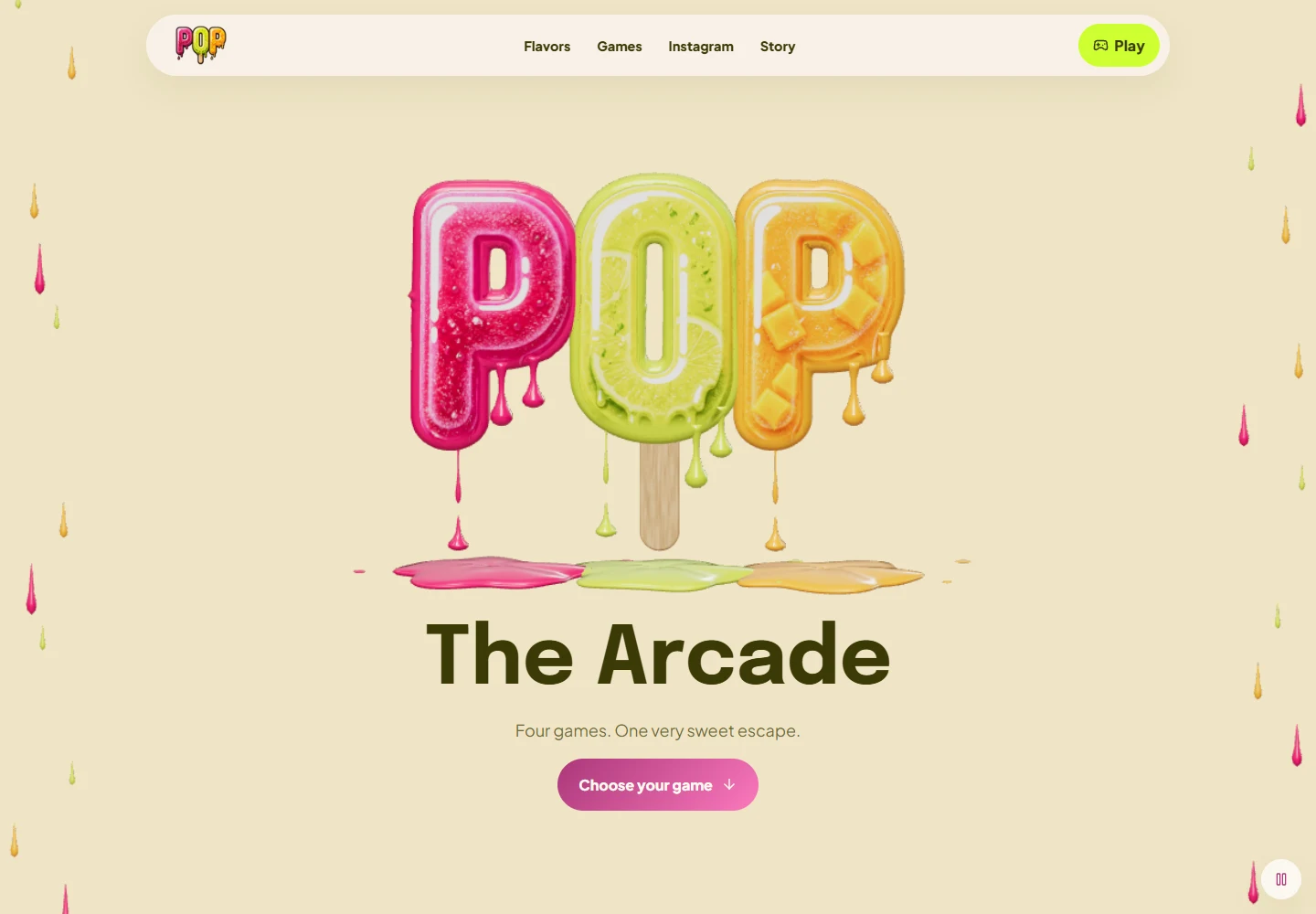 PopFizz website preview with colorful popsicle artwork and The Arcade