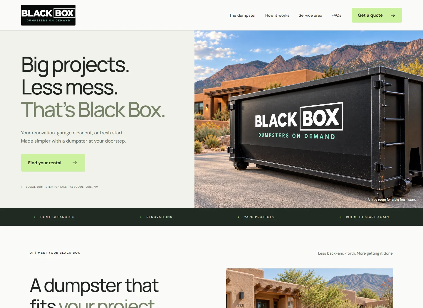Black Box Dumpsters website with a dumpster rental quote action and Albuquerque landscape
